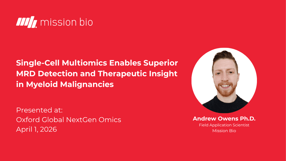A promotional graphic for Mission Bio featuring a red background and a headshot of Andrew Owens Ph.D., Field Application Scientist. The text announces a presentation titled "Single-Cell Multiomics Enables Superior MRD Detection and Therapeutic Insight in Myeloid Malignancies," which was presented at Oxford Global NextGen Omics on April 1, 2026. The Mission Bio logo is displayed in the top left corner.